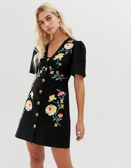 ASOS DESIGN embroidered button through mini tea dress | ASOS US