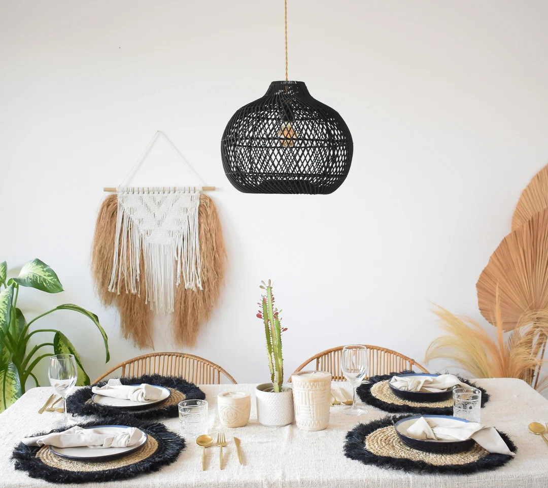 Handmade Rattan Lampshade KANAWA BLACK Wicker Chandelier Lighting Black Rattan Hanging Lamp Woven... | Etsy (US)
