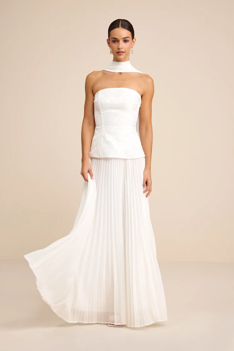 Eloise White Jacquard Pleated Maxi Dress and Scarf Set | Lulus