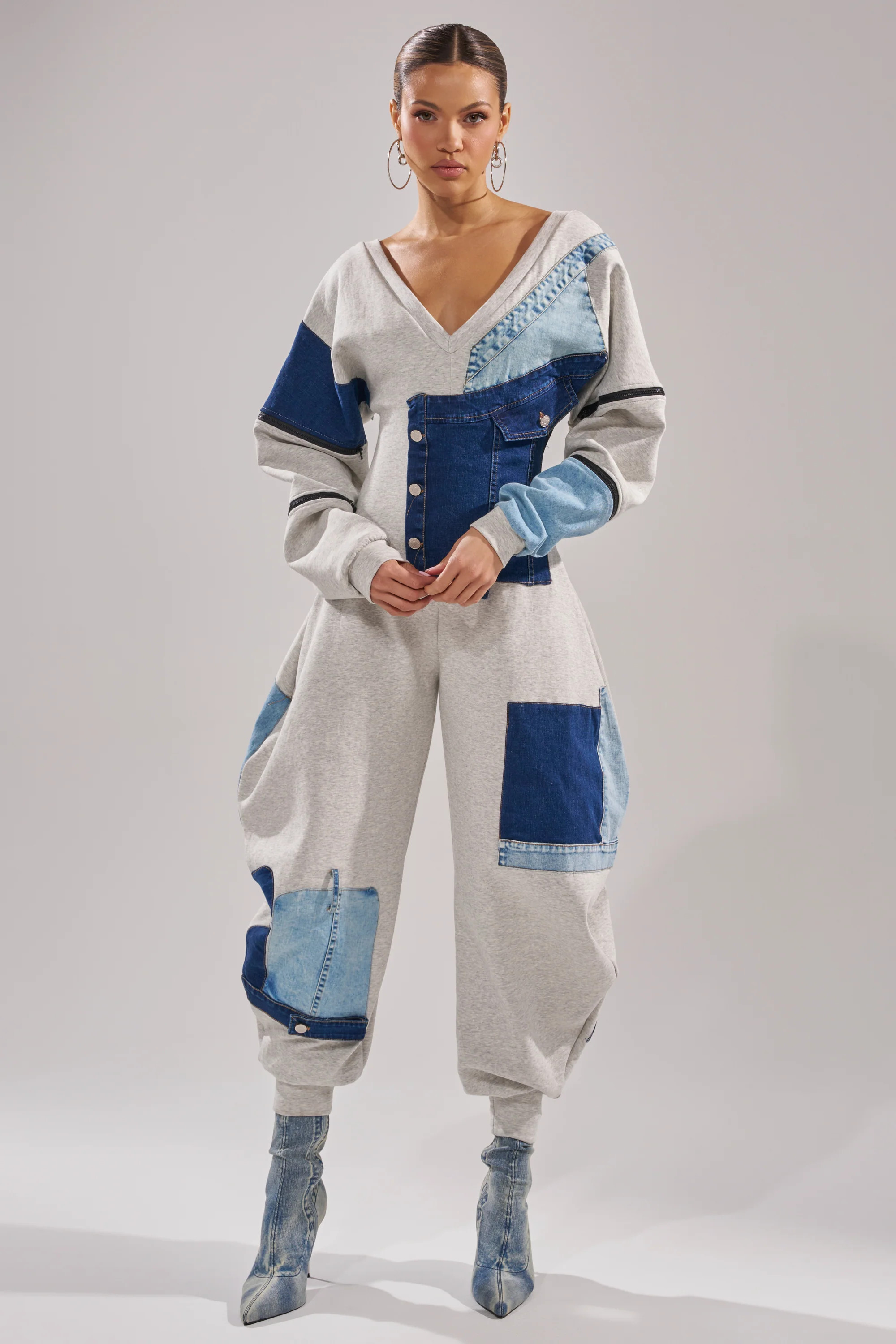 COMFY COZY SWEATSHIRT JUMPSUIT IN PATCHWORK DENIM | AKIRA