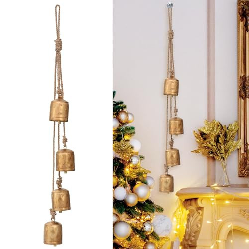Vintage Gold Bells for Christmas Decorations: Large Bell with Jute Hanging Rope - Rustic Decorative Bells Metal Cow Hanging Bells for Christmas Wreath Garland Tree Party Staircase | Amazon (US)