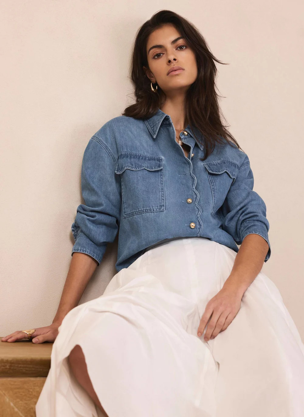 Mid Indigo Denim Scallop Shirt | Mint Velvet