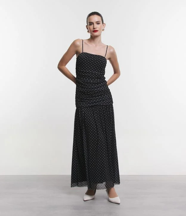 Vestido Midi em Tule Poá com Alcinhas e Detalhe Franzido Preto | Renner (BR)
