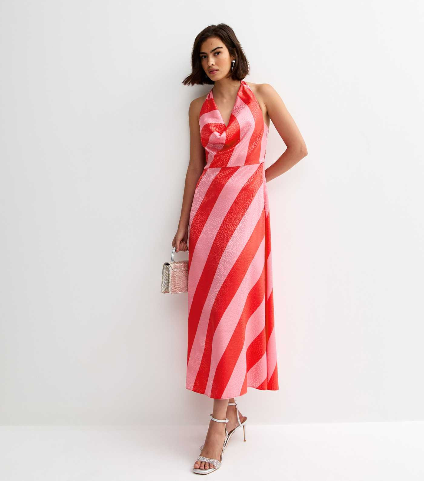 Pink Satin Striped Halter Neck Midi Dress | New Look | New Look (UK)