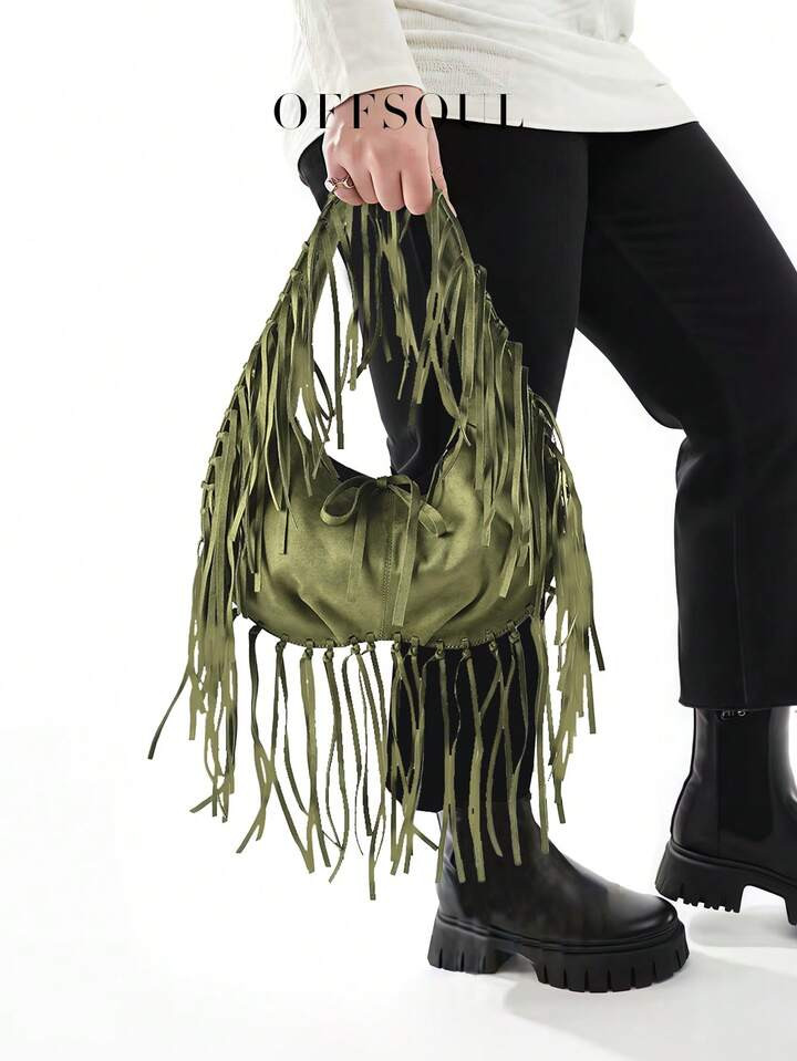 Boho Fringe Bag, New Women Suede Large Capacity Crescent Bag Fashion Shoulder Big Bag, Simplified Retro Casual Versatile Drawstring Underarm Tote Handbag, Perfect For Rodeo Occasion | SHEIN