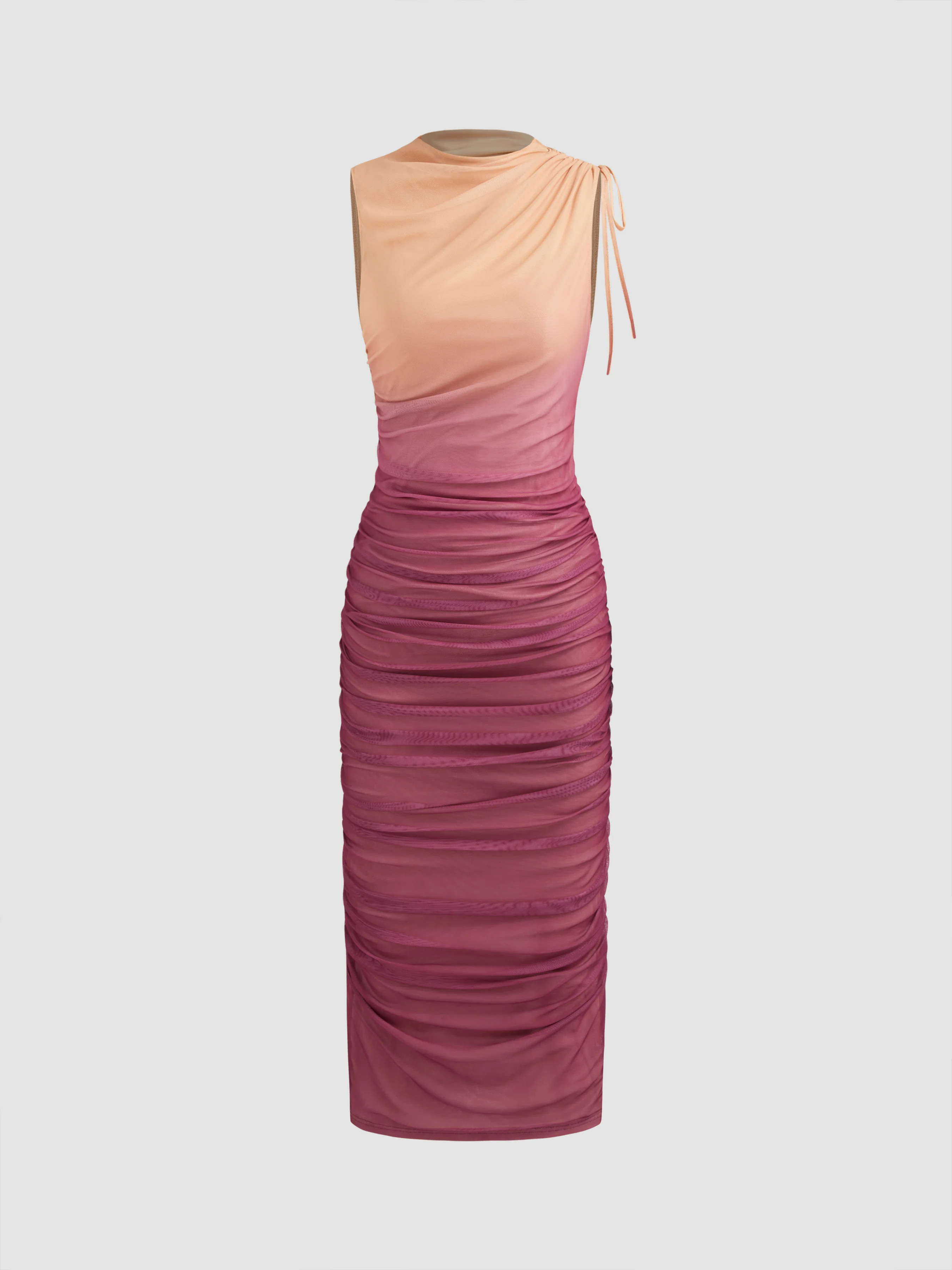 Mesh Mesh Round Neckline Gradient Ruched Drawstring Maxi Dress For Vacation | Cider