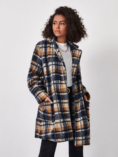 Belted Plaid Teddy Coat | SHEIN