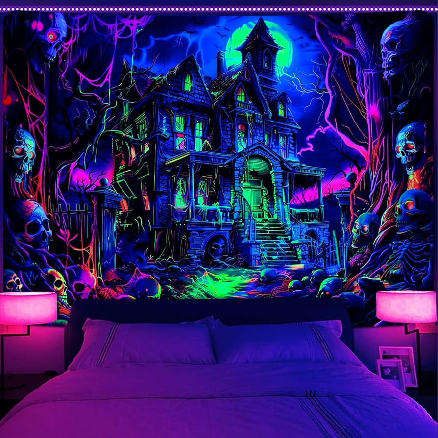 Krelymics Blacklight Halloween Tapestry Castle and Moon Tapestries UV Reactive Skeleton Halloween... | Amazon (US)