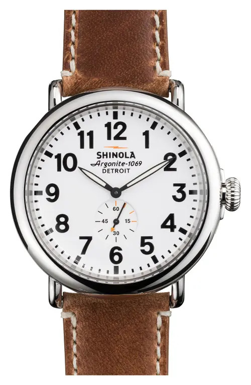 Shinola The Runwell Leather Strap Watch, 47mm in Brown/White/Silver at Nordstrom | Nordstrom