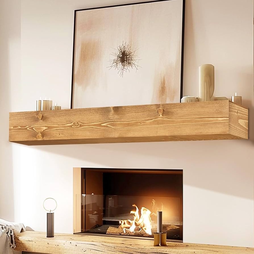 60'' Fireplace Mantel, 6'' Thick Pine Wood Floating Shelf, Wood | Amazon (US)