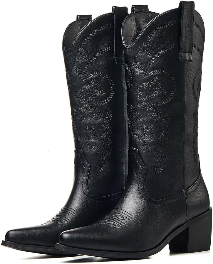 Cowboy Boots for Women Wide Calf - Cowgirl Boots with Pointed Toe and Chunky Heel for All-Day Com... | Amazon (US)