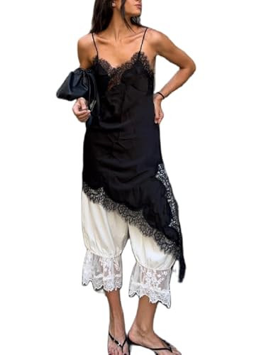 Women Lace Trim Satin Long Flowy Tank Tops Sleeveless Silk Camisole Tops Boho Spaghetti Strap Cami Layering Top (Black,Small) | Amazon (US)