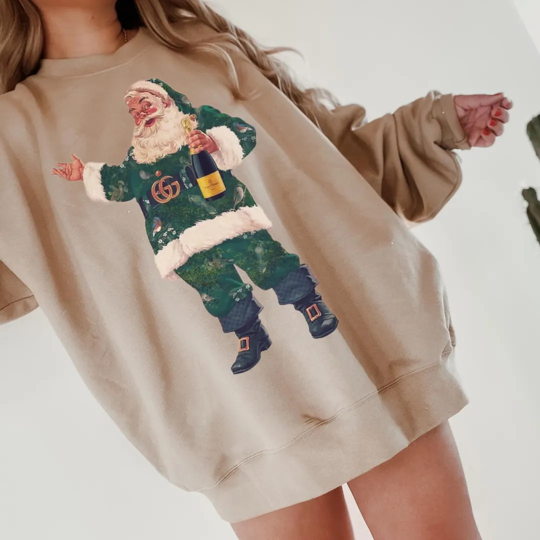 Boujee Santa Sweatshirt Santa With Champagne Crewneck Funny Christmas Sweatshirt Luxe Santa Retro... | Etsy (US)