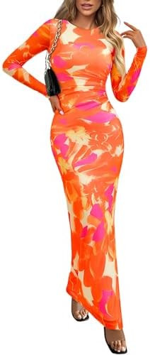 PRETTYGARDEN Women's Bodycon Maxi Dress Fall Spring Fashion Long Sleeve Floral Print Tight Fitted... | Amazon (US)