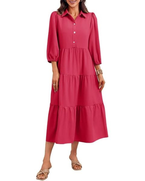 Women Flowy Maxi Dresses Casual V Neck Smocked Tiered Babydoll Sundress Beach Long Skirt with Poc... | Amazon (US)