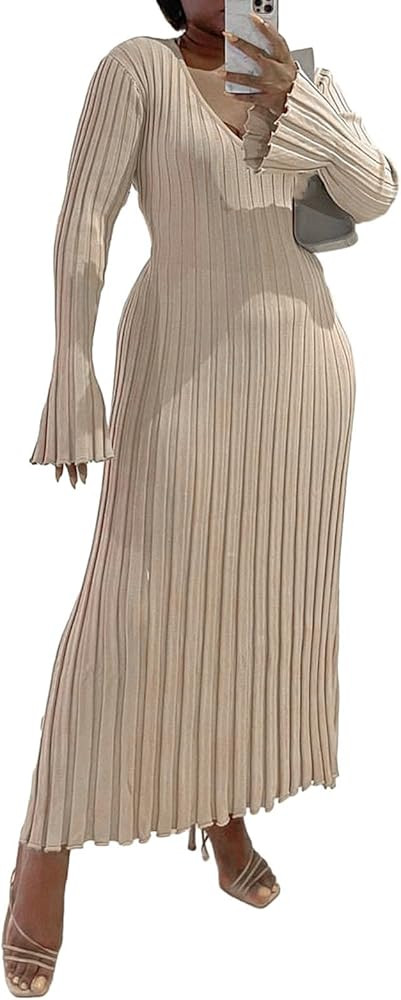 Tainrunse Women Ribbed Knit Long Sleeve Maxi Dress V Neck Slim Fit Bodycon Pencil Long Dress for ... | Amazon (CA)