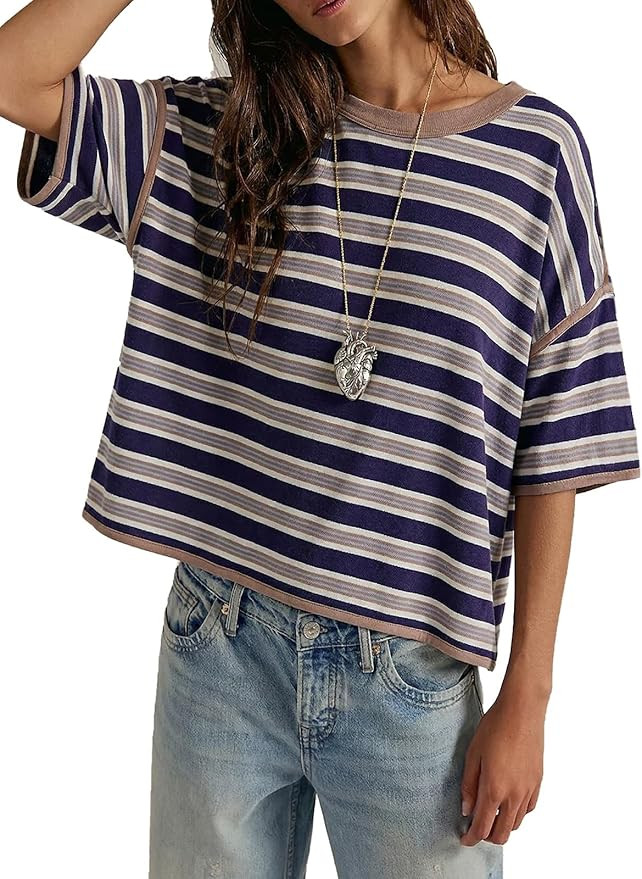Womens Oversized Striped T-Shirt Cotton Boxy Crop Top 90s Retro Drop Shoulder Ringer Tee Casual S... | Amazon (US)