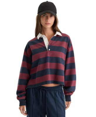 Good American Women's Cropped Rugby Polo T-Shirt - Navy Berry Noir Block Stripe | Macy's