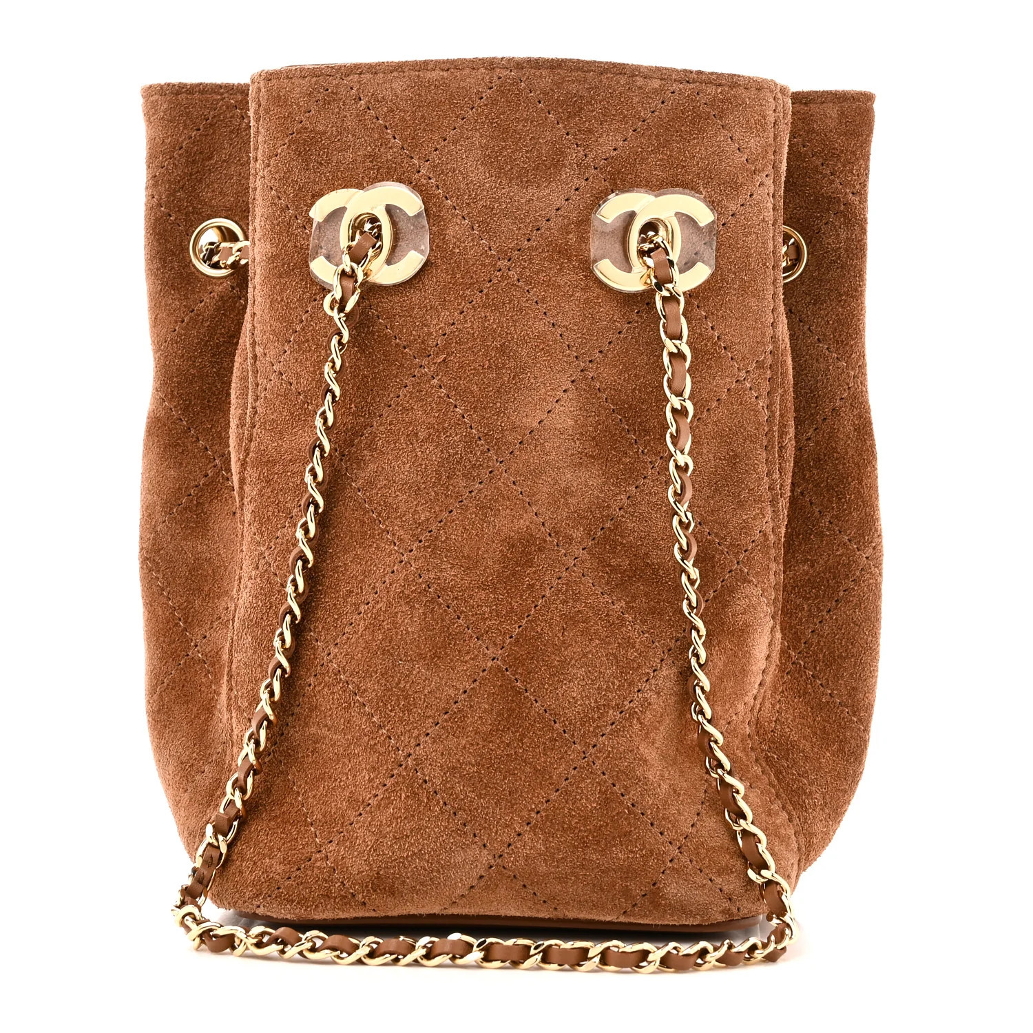 Suede Quilted Bucket Bag With Chain Camel | FASHIONPHILE (US)