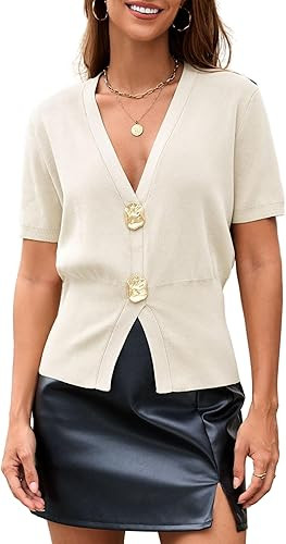 Tanming Womens Pullover Sweaters Solid Trendy Deep V Neck Button Up Waist Cinched Short Sleeve Kn... | Amazon (US)