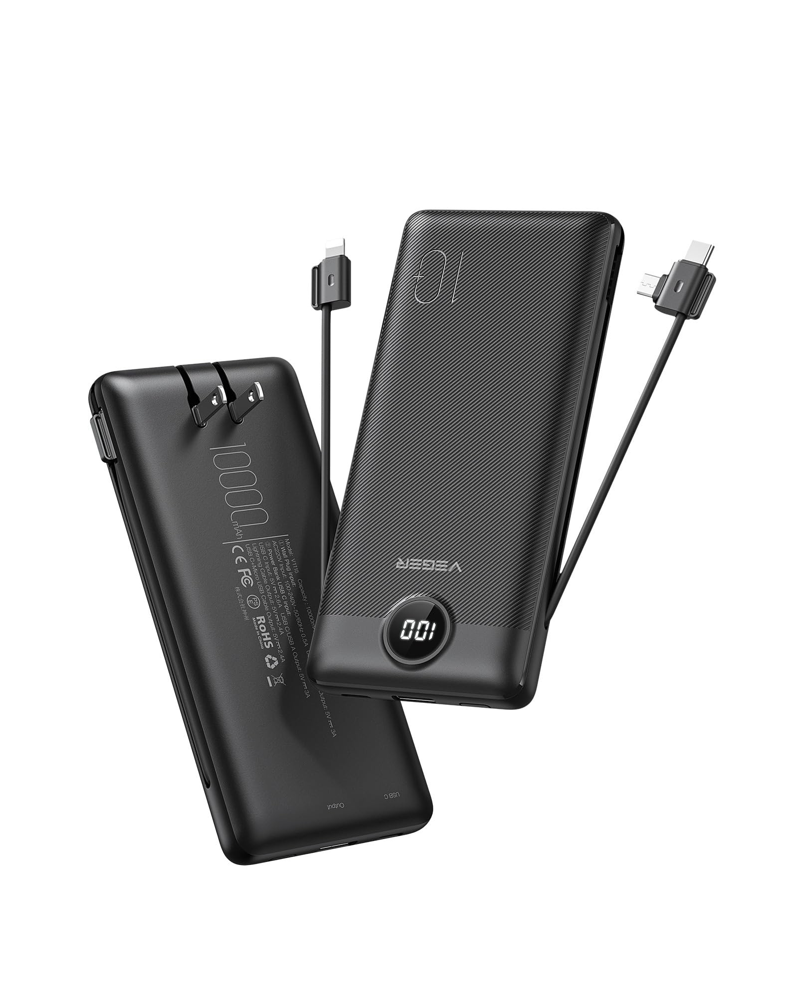 VEGER Portable Charger for iPhone Built in Cables and Wall Plug, 10000mah Slim Fast Charging USB ... | Amazon (US)
