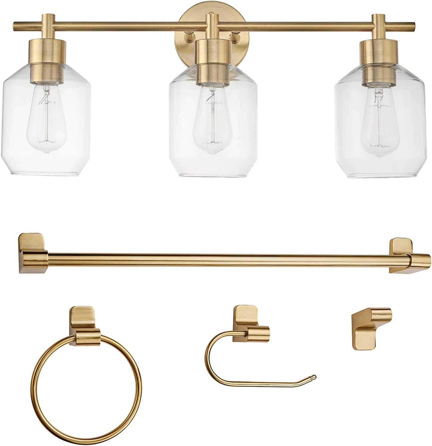 Globe Electric 51638 5-Piece All-in-One Bathroom Accessory Set, with Vanity, Brass, 3-Light Vanit... | Amazon (US)