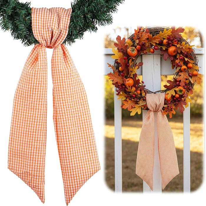 Orange Gingham Wreath Sash for Front Door Wreath, 5.12" Wide x 54" Fall Thanksgiving Farmhouse Co... | Amazon (US)