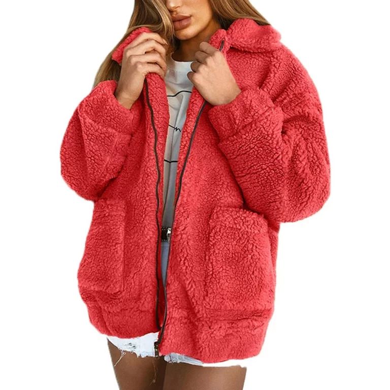 Womens Thick Warm Teddy Bear Pocket Fleece Jacket Coat Zip Up Outwear Overcoat - Walmart.com | Walmart (US)