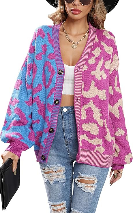 ECOWISH Women's Leopard Print Cardigans Long Sleeve Button Down Knit Oversized Cardigan Sweaters for | Amazon (US)