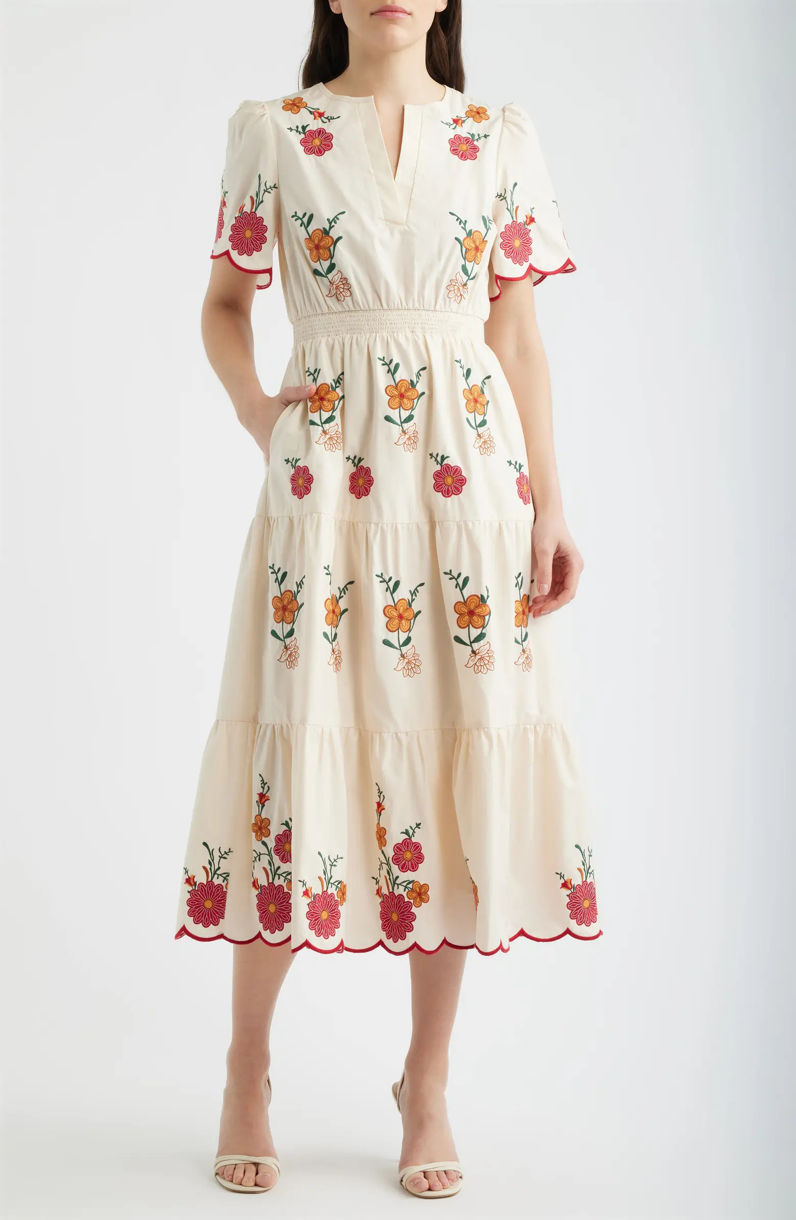 Embroidered Puff Sleeve Midi Dress | Nordstrom