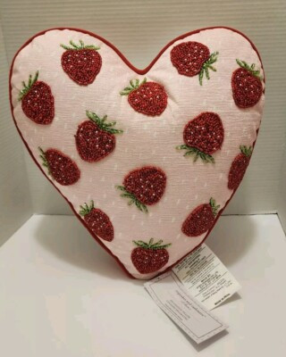 Cupcakes and Cashmere Valentine 16in Beaded Embroidered Strawberry Heart Pillow | eBay US