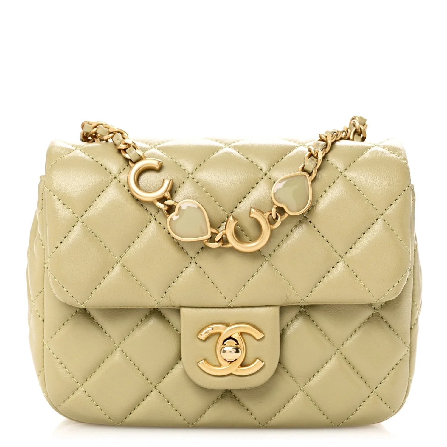 Lambskin Enamel Quilted Mini Coco Hearts Square Flap Light Green | FASHIONPHILE (US)