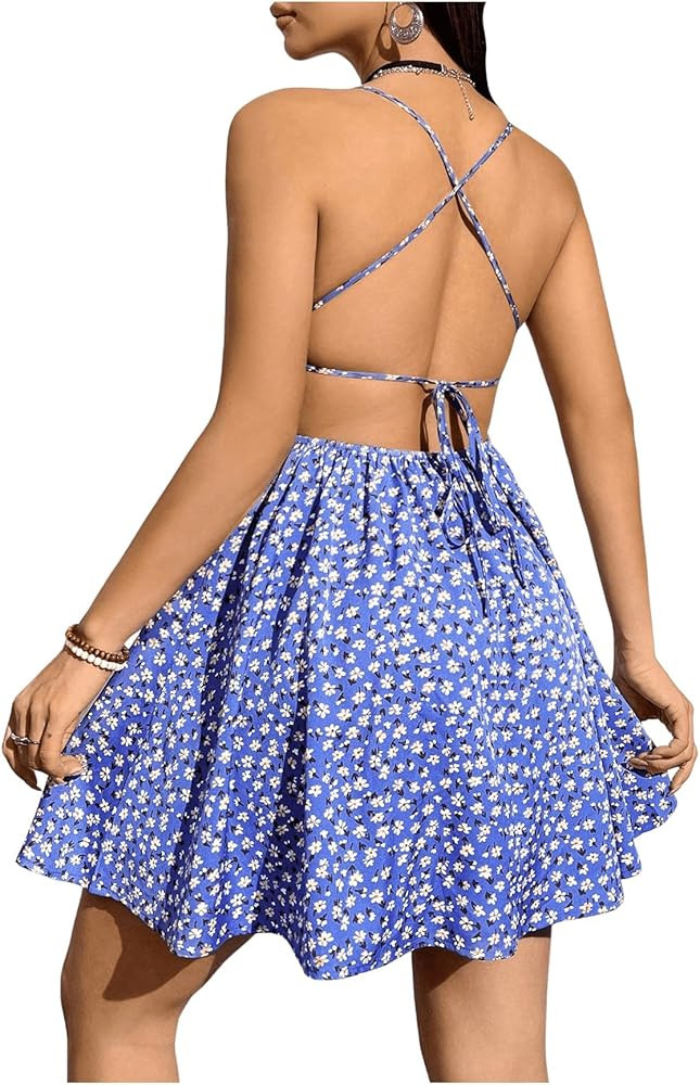 Floerns Women's Summer Ditsy Floral Backless Tie Back Sleeveless Cami Mini Dress | Amazon (US)