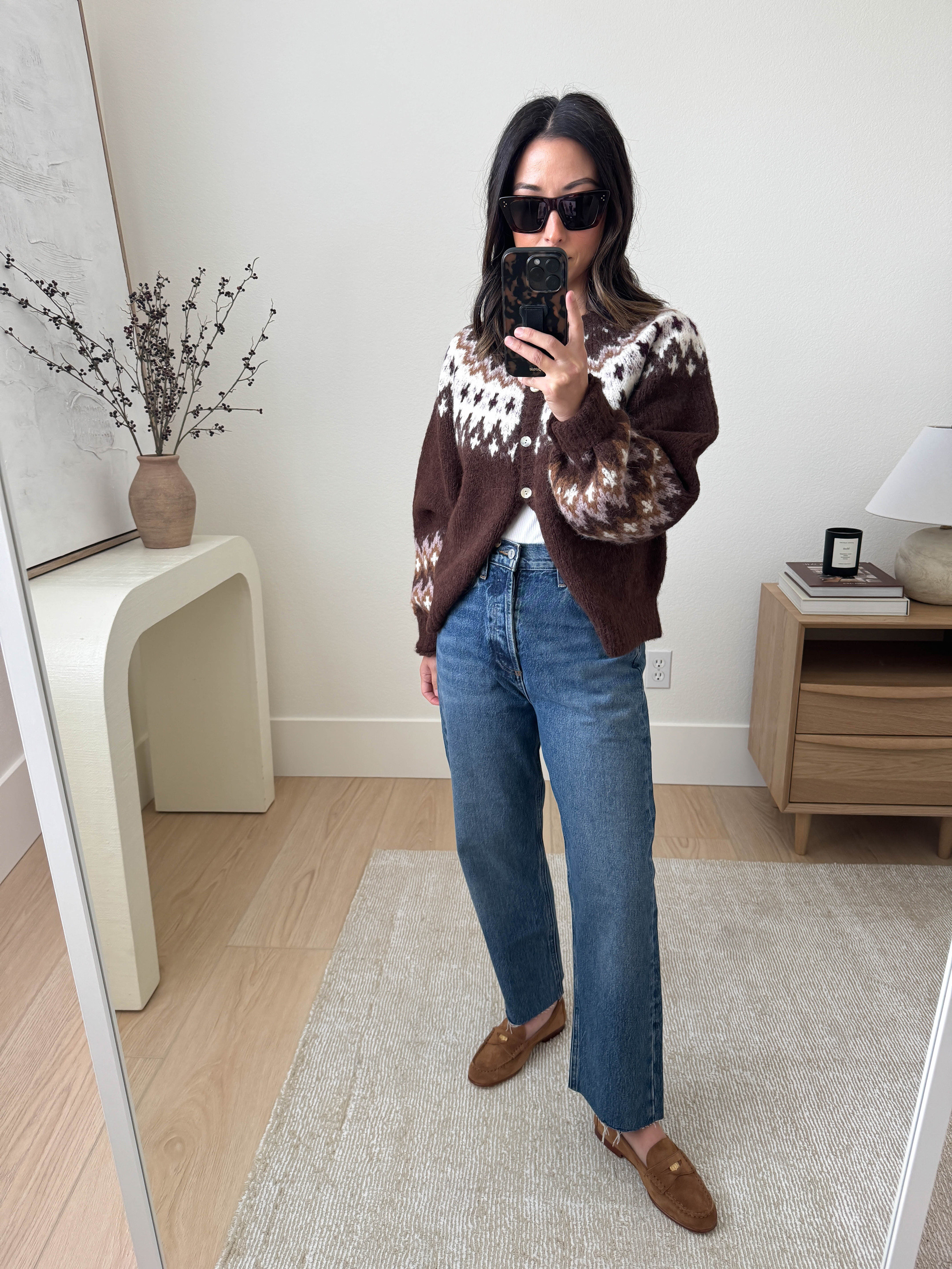 This fair isle cardigan is amazing. I love the colors. Oversized sleeves and would prefer the xs to the small. 

Nation LTD fair isle cardigan small. Need the xs
AGOLDE jeans 25. Sized up and cut hems. I'd say these run TTS, tho. 
Veronica Beard Loafers 5.5
Celine sunglasses

#LTKShoeCrush #LTKSeasonal #LTKHoliday