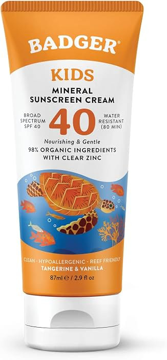 Badger Kids Mineral Sunscreen Cream SPF 40, 98% Organic Ingredients, Zinc Oxide Sunscreen for Kid... | Amazon (US)