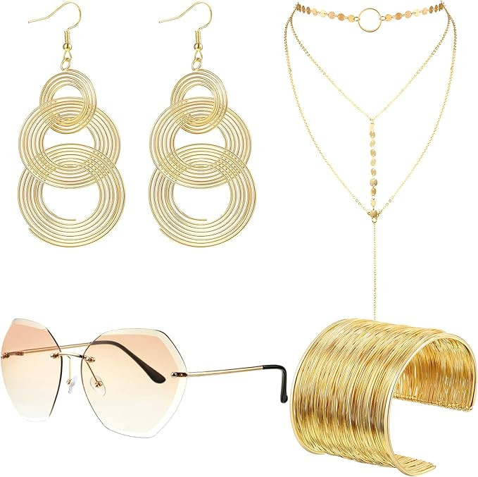 Hicarer 70s Disco Set Rimless Diamond Cutting Sunglasses Wire Metal Coil Bracelets Layered Choker... | Amazon (US)