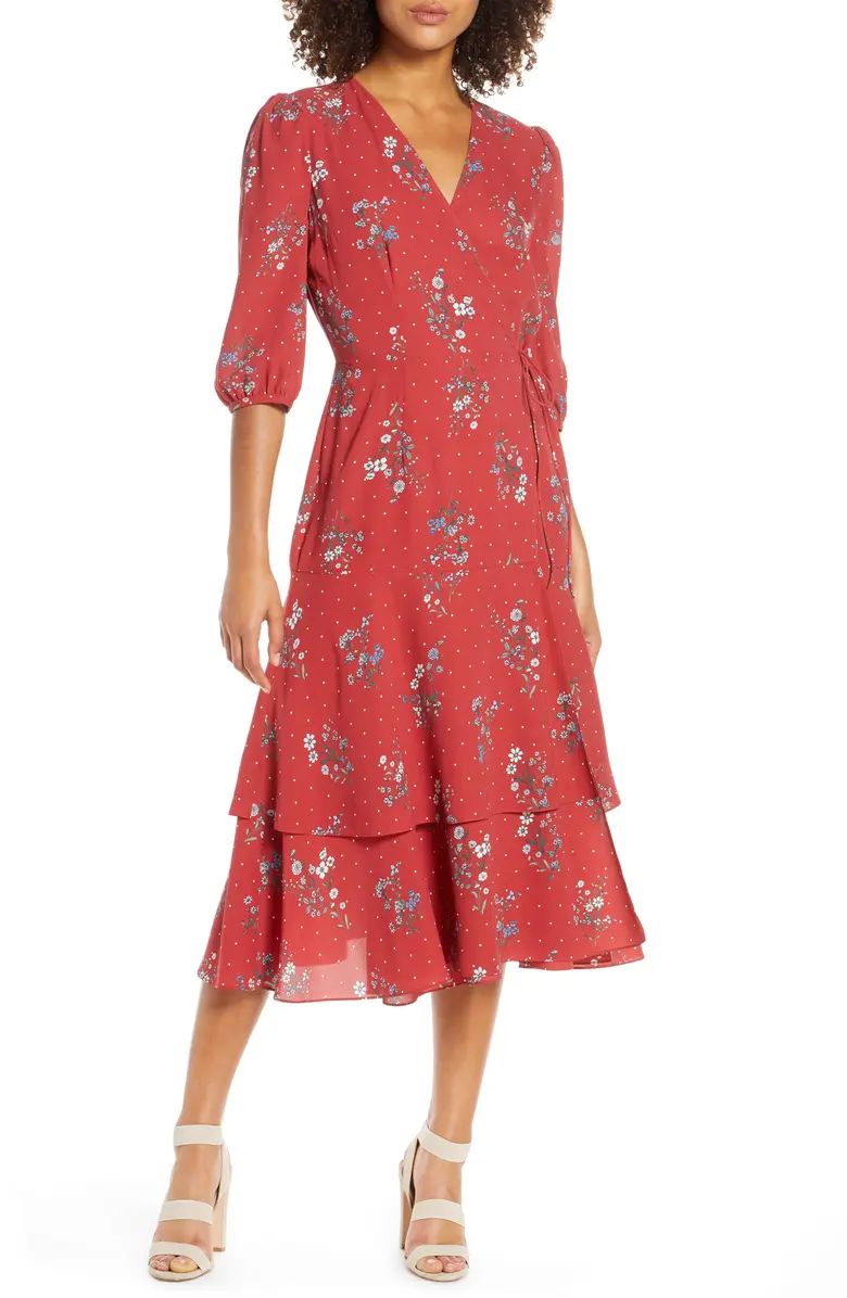 Floral & Dot Print Tiered Wrap Dress | Nordstrom