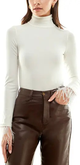 WAYF x Jourdan Sloane Please Hold Feather Cuff Turtleneck Bodysuit | Nordstrom | Nordstrom