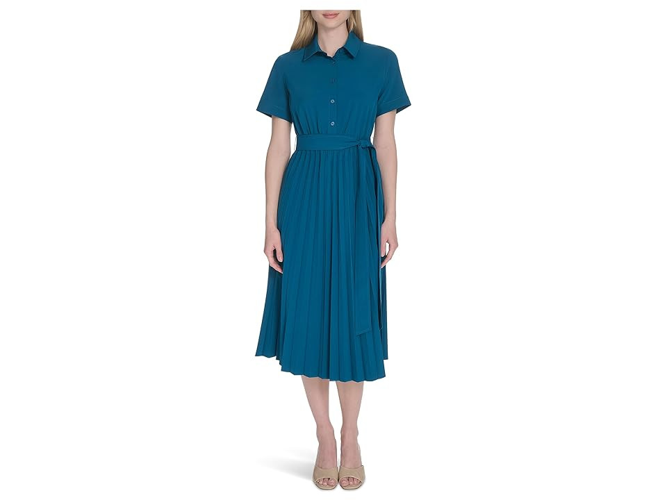 Calvin Klein Commuter Pleated Shirt Dress Women's Dress Cypress : 8, Polyester/Spandex | Zappos