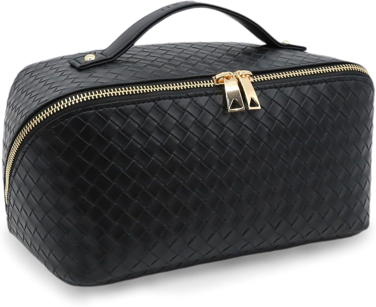 Travel Makeup Bag – Large Cosmetic Organizer with Waterproof PU Leather, Smooth Double Zipper &... | Amazon (US)