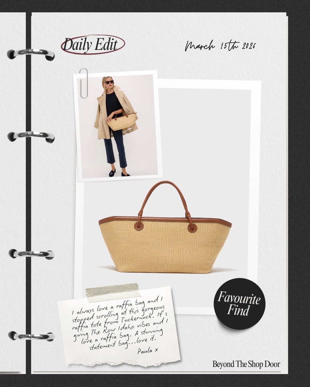 Favourite Find Edit

I always love a raffia bag and I stopped scrolling at this gorgeous raffia tote from Tuckernuck. 

It’s giving The Row Idaho vibes with a summer twist. 

A stunning statement bag...love it.