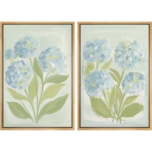 SIGNFORD Framed Canvas Print Wall Art Set Soft Hydrangea Pair Light Blue Florals with Green Leaves Illustration Modern Art Decorative Nature for Living Room, Bedroom, Office - 24"x36"x2 Natural | Amazon (US)