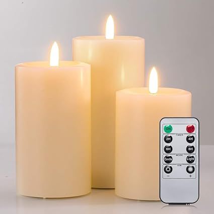 Realistic Candles Set of 3, Flameless Real Wax Top Flat 3D Wick Ivory Pillar Candles with Remote,... | Amazon (US)