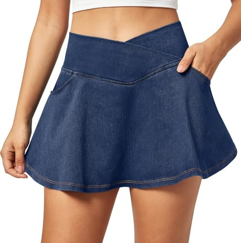 IUGA Stretchy Denim Skort V-Waist Jean Skort with Pockets High Waisted Mini Jean Skirt with Shorts Underneath | Amazon (US)