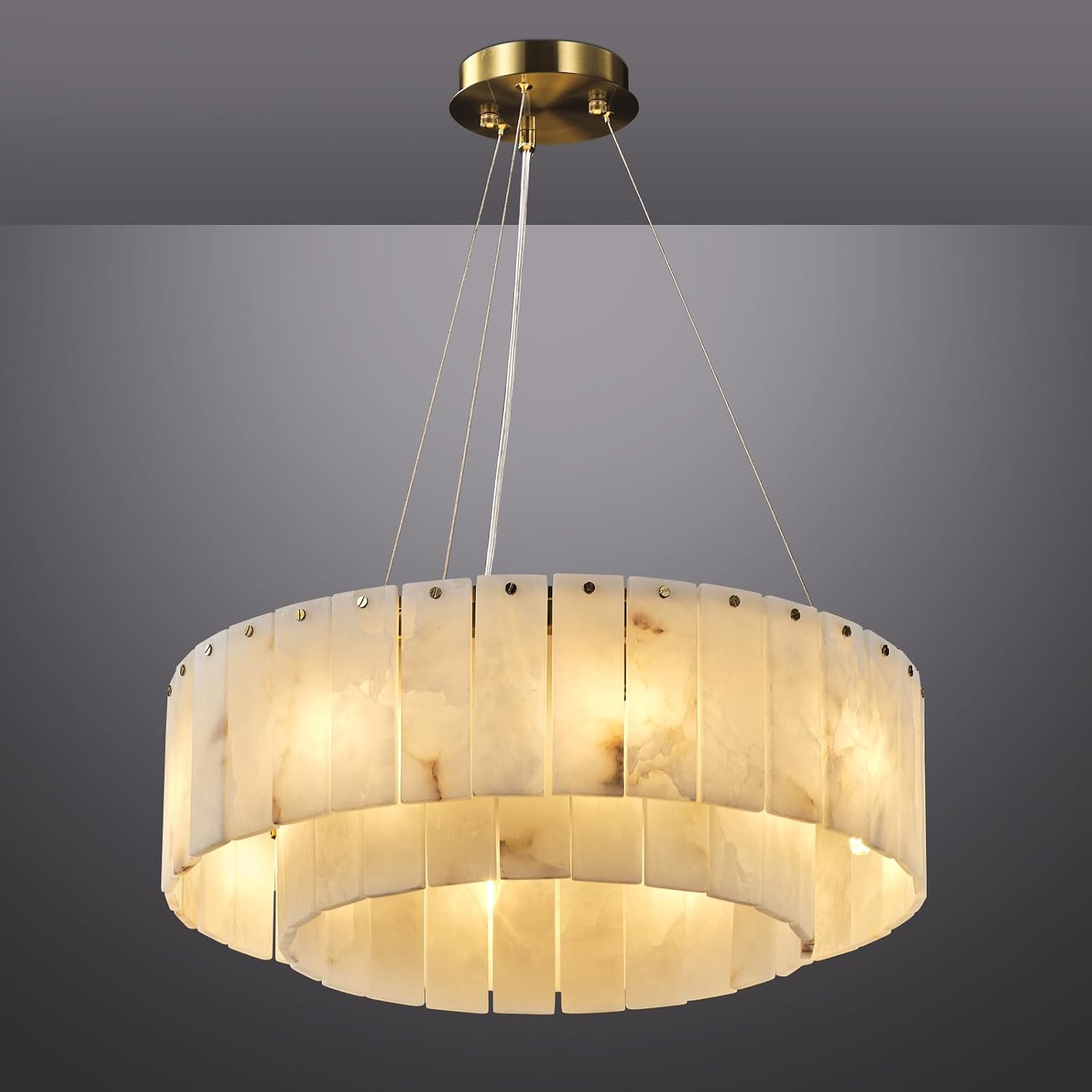 D23in Alabaster Round Chandelier, Modern Marble Dining Room Chandeliers, 2 Tiers Brass Drum Pendant Light Fixtures, Gold Ceiling Light Chandelier for Living Room, Bedroom Lights, Foyer, Kitchen | Amazon (US)