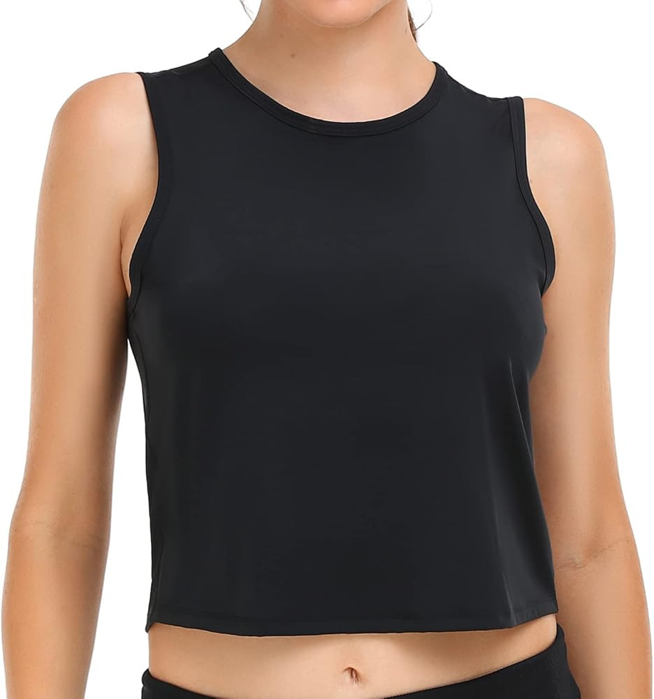 YUNOGA Women's Round Neck Crop Tank Tops Sleeveless Workout Shirts Running Top Loose Fit Sport Ta... | Amazon (US)