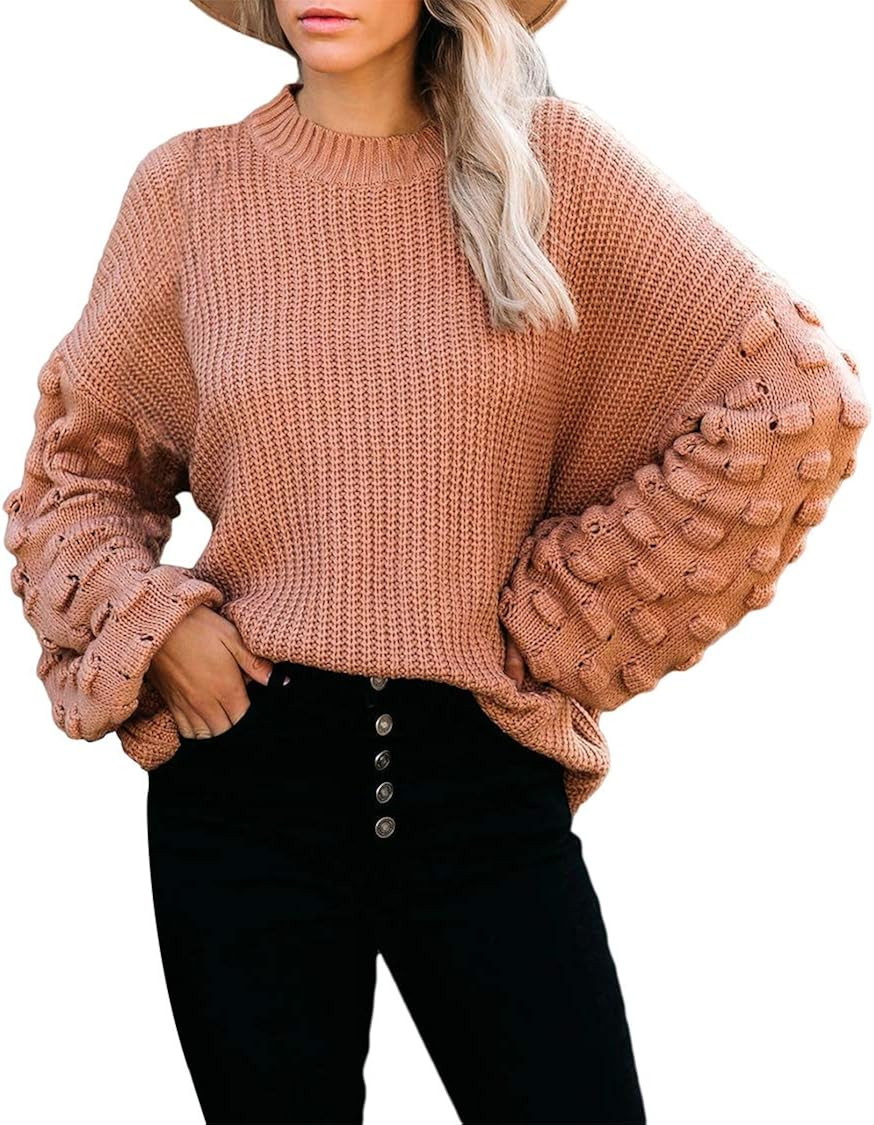 Sovoyontee Women's Cute Oversized Crewneck Loose Puff Sleeves Chunky Knit Pullover Sweater | Amazon (US)