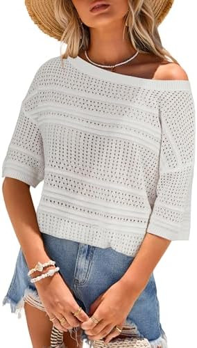 Arach&Cloz Women's Linen Blend Off Shoulder Summer Cover Up Beach Casual Crochet Tops Hollow Out ... | Amazon (US)