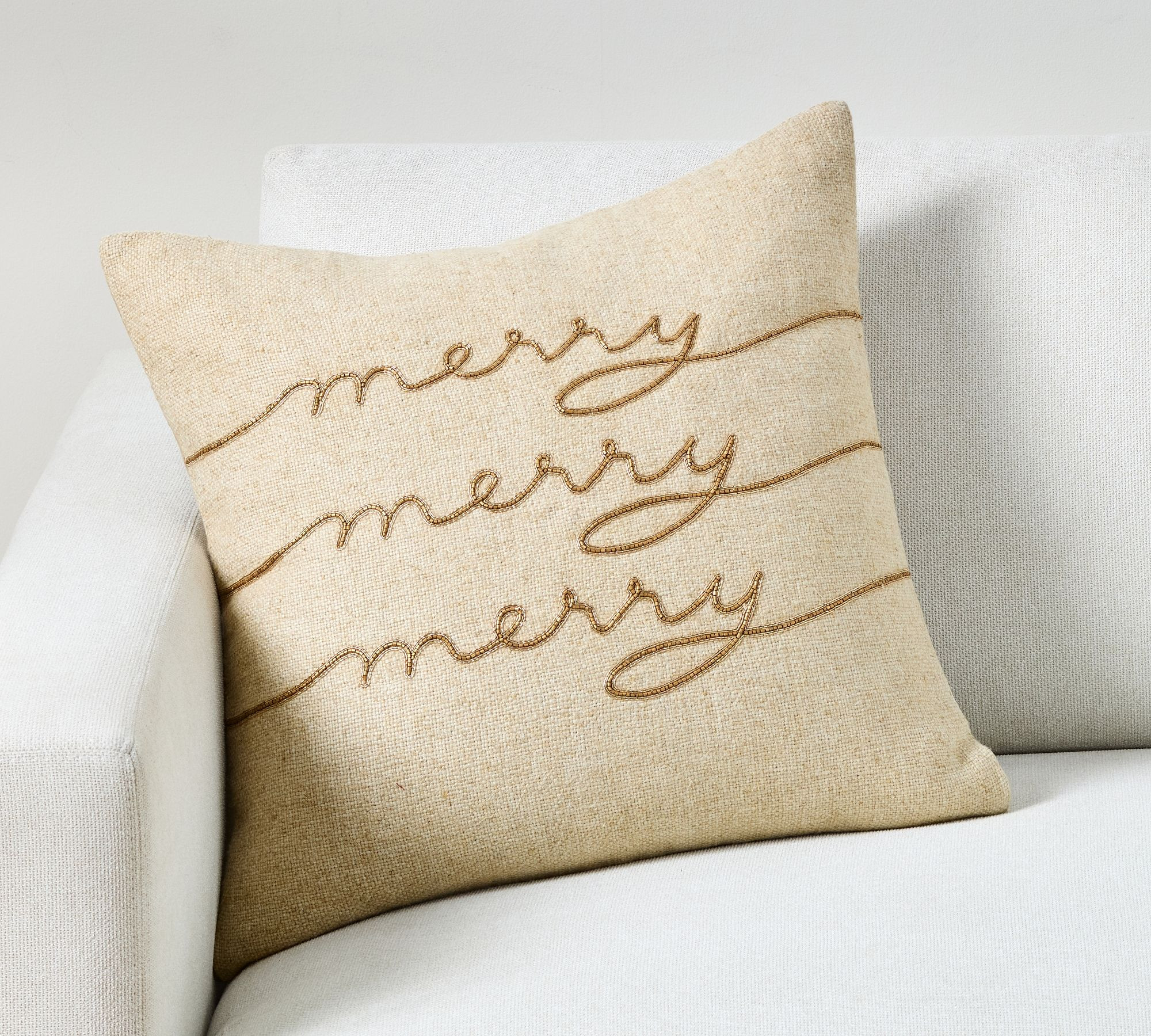 Merry Embellished Pillow Cover, 20"", Flax Multi | Pottery Barn (US)