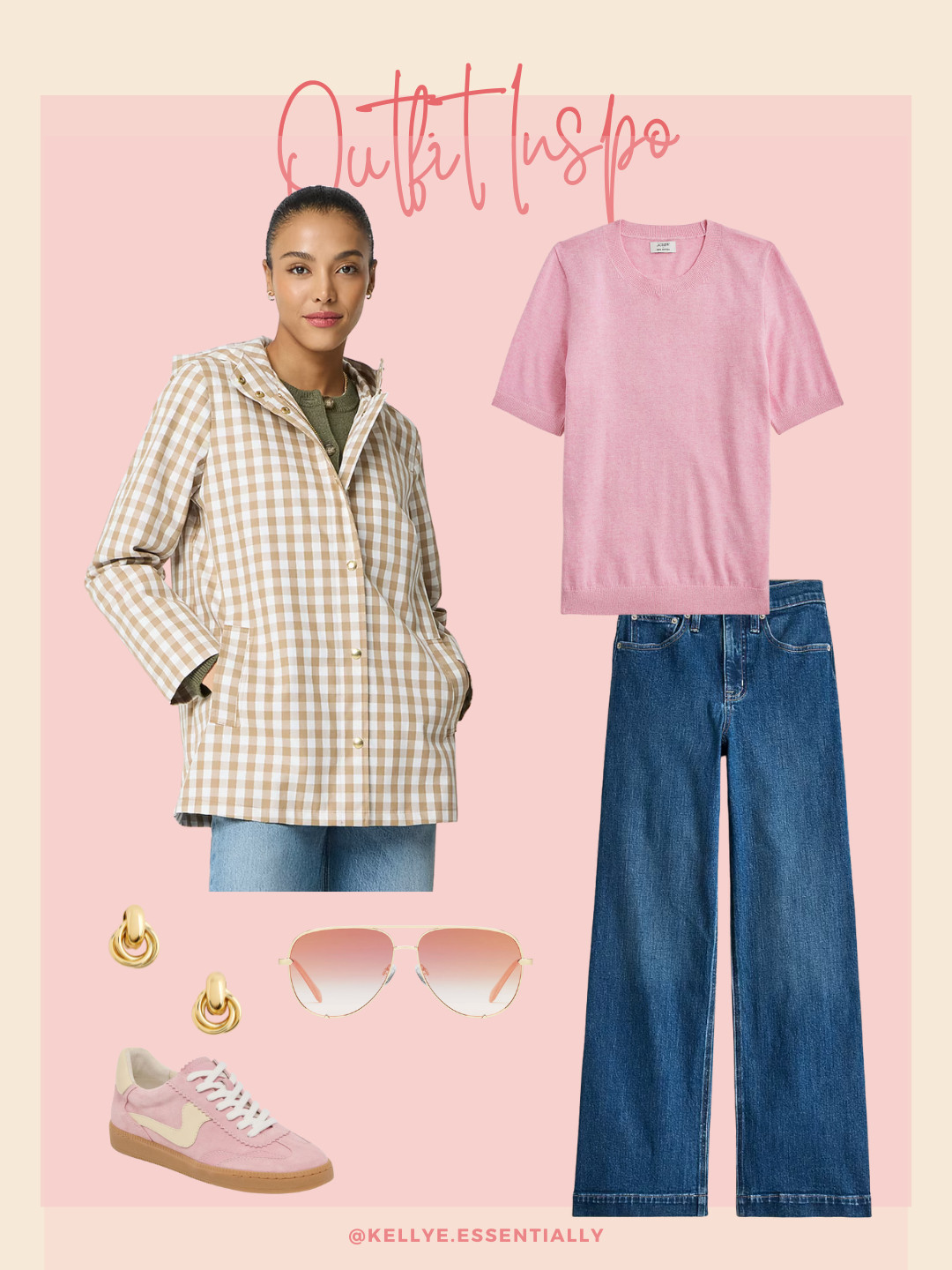 This outfit feels easy, comfortable, and still really pulled together. The gingham jacket adds interest without feeling fussy, and the soft pink sweater tee keeps it light and springy.

Wide leg jeans and pink sneakers make this a great everyday look for errands, travel, or casual weekends. Add simple gold jewelry and sunglasses and you’re good to go. 

 #LTKootd #LTKSeasonal